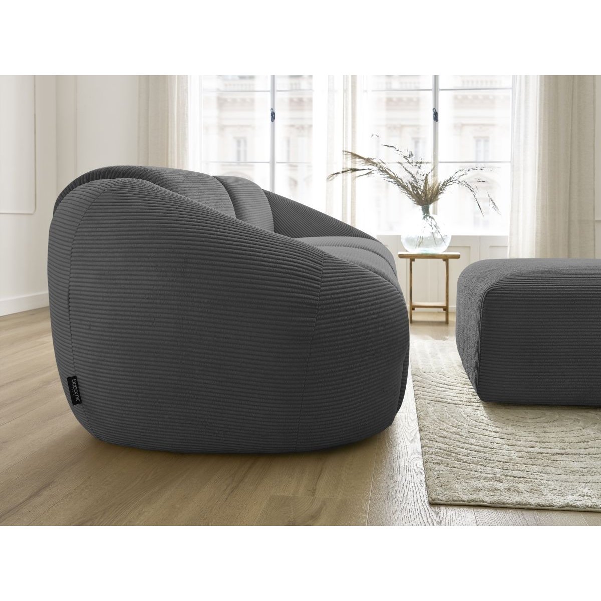 Canapé droit fixe 4 places en velours côtelé avec pouf, TINA gris foncé, BOBOCHIC