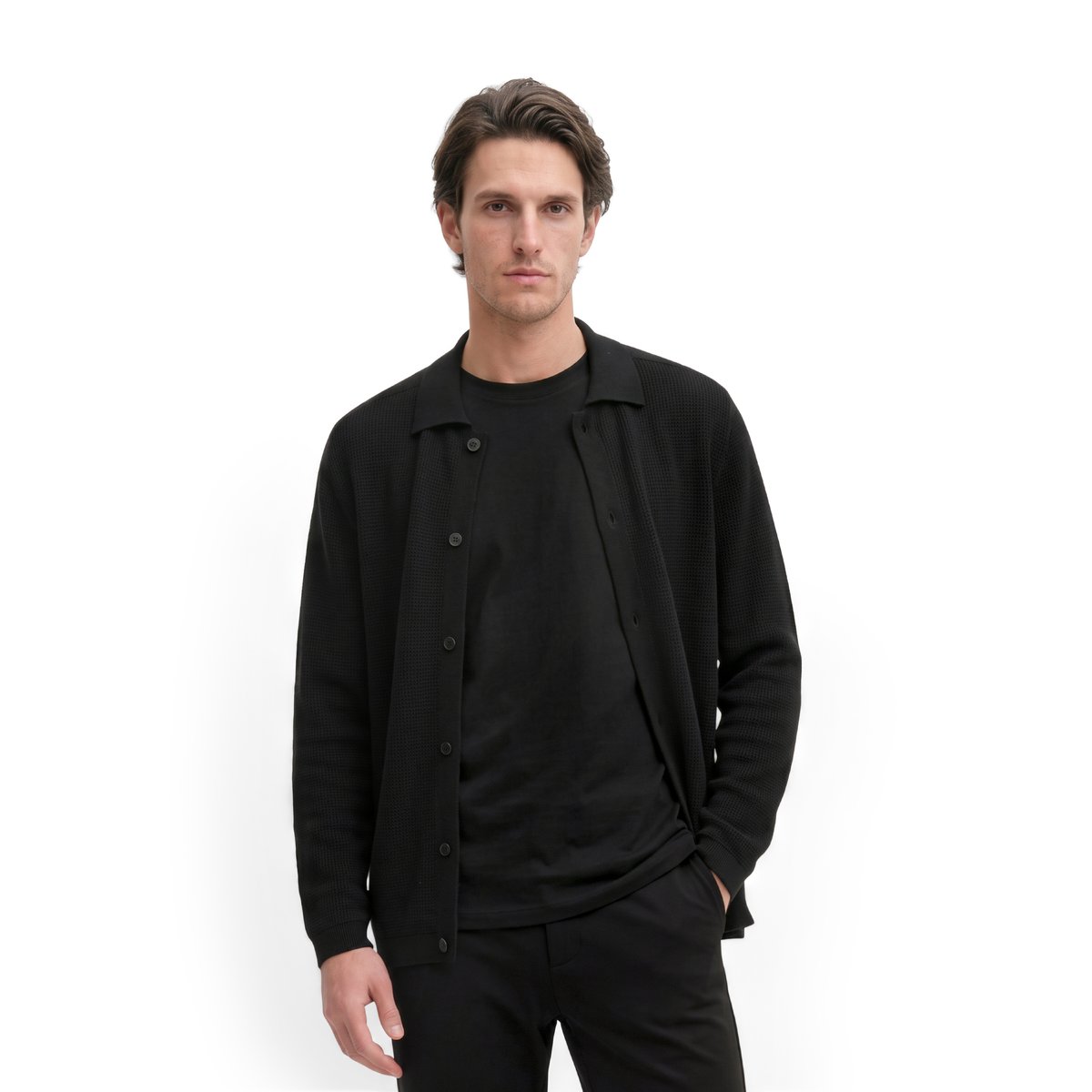 Cardigan polo coupe classique en laine mérinos fine noir, MARC O'POLO