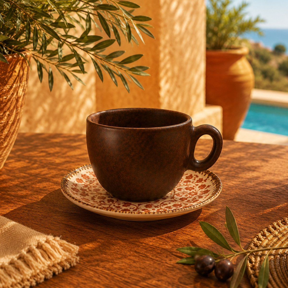 Lot de 6 tasses 16cl avec soucoupes en porcelaine, PALAZZO marron-rouge, OGO LIVING
