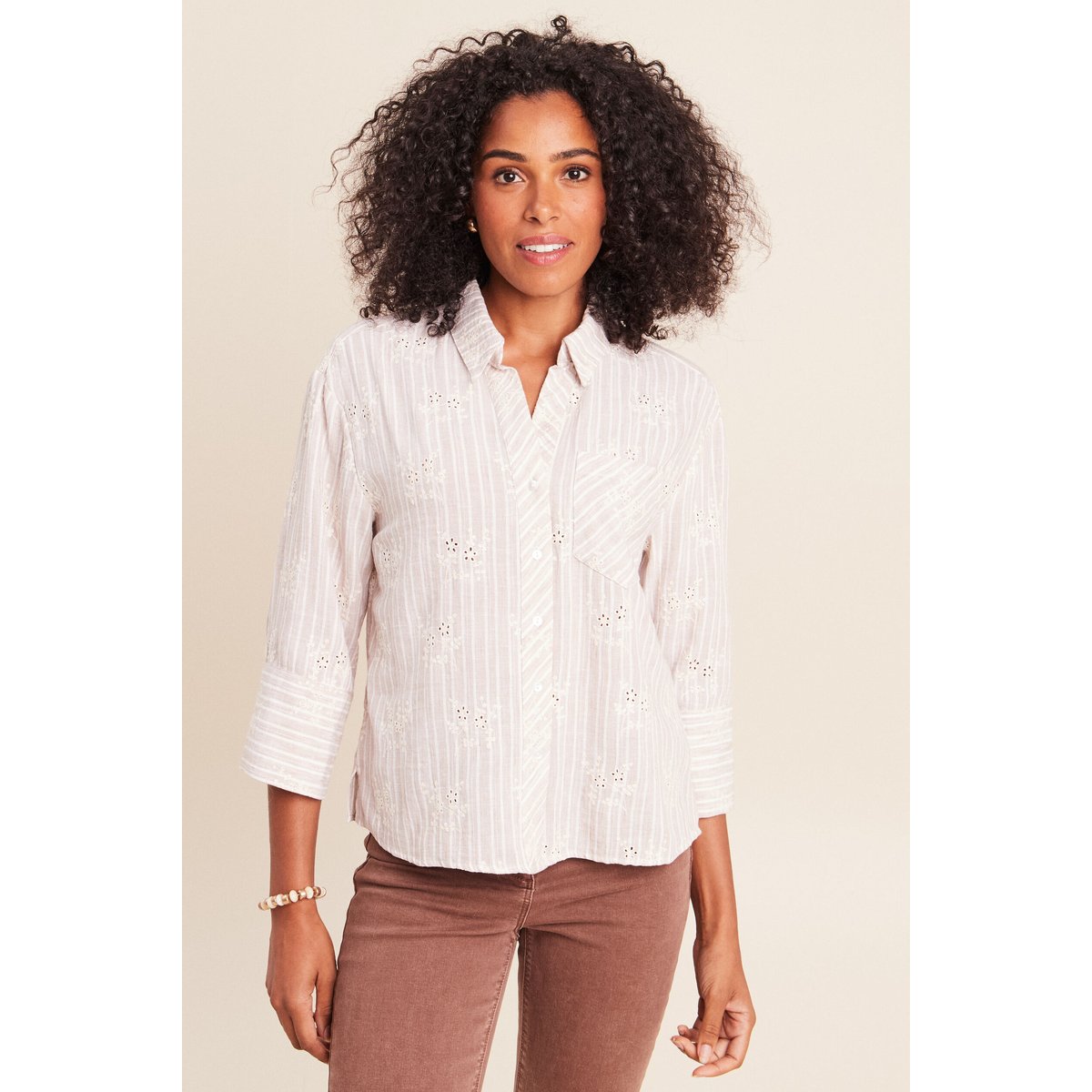Chemise ample courte avec broderie marron chocolat, BREAL