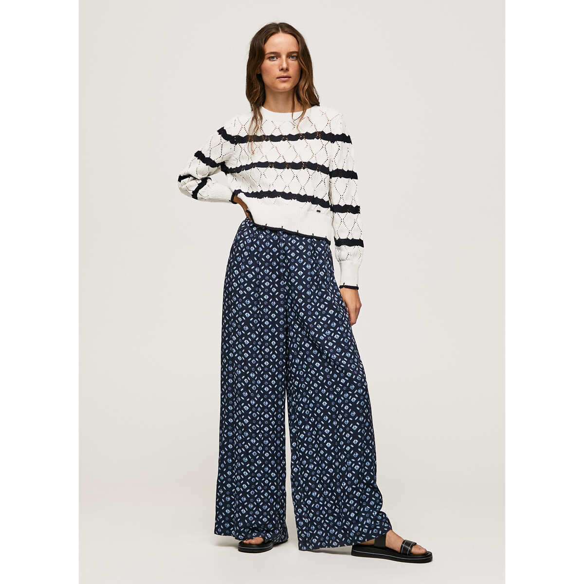 Pantalon large, taille haute imprimé bleu, PEPE JEANS