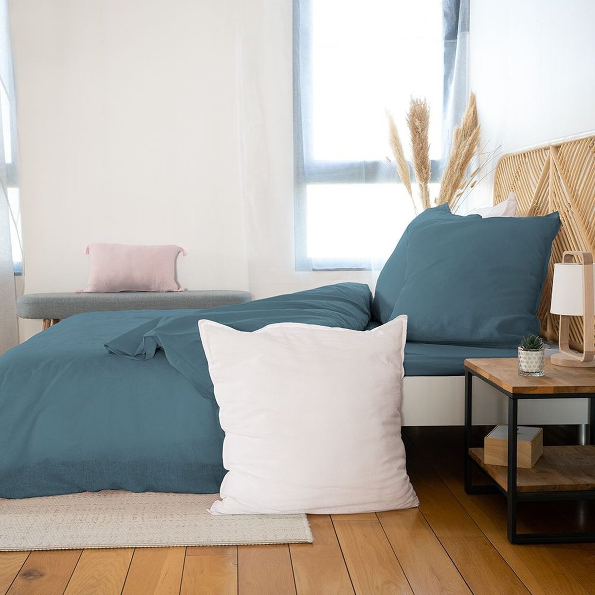 Parure housse de couette en lin et coton unie, LYNN bleu marine, C DESIGN HOME TEXTILE