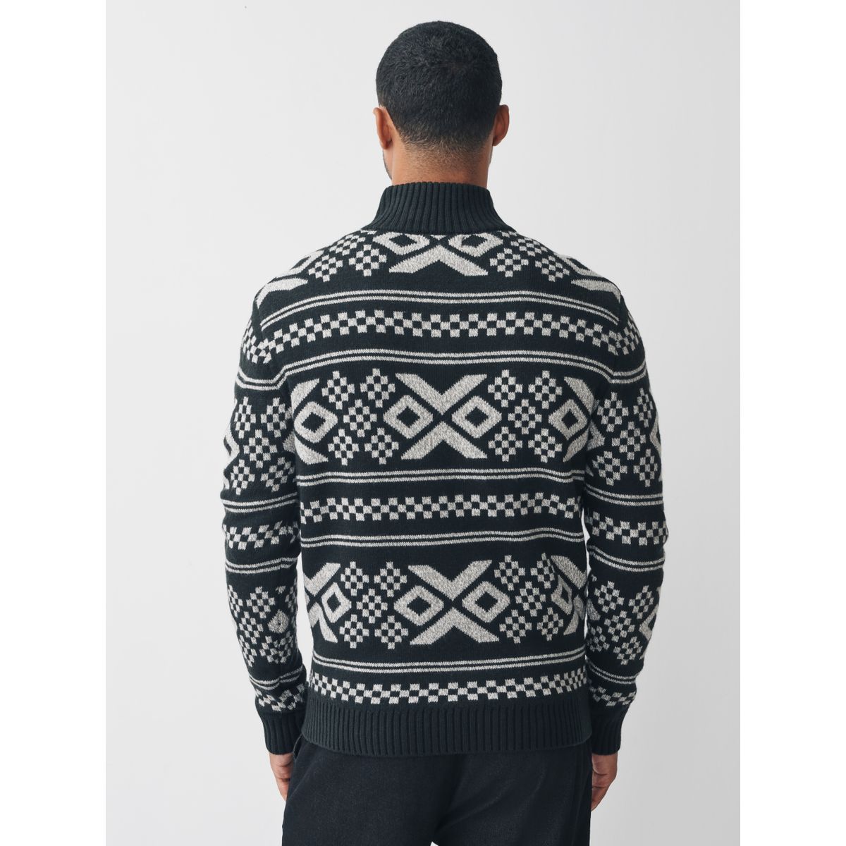 Pull de noël à col zippé, motif cerf et laine noir/blanc, NEXT
