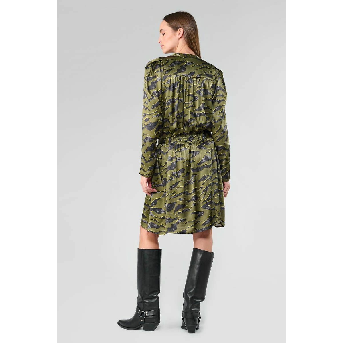Animal Print Satin Dress khaki, LE TEMPS DES CERISES