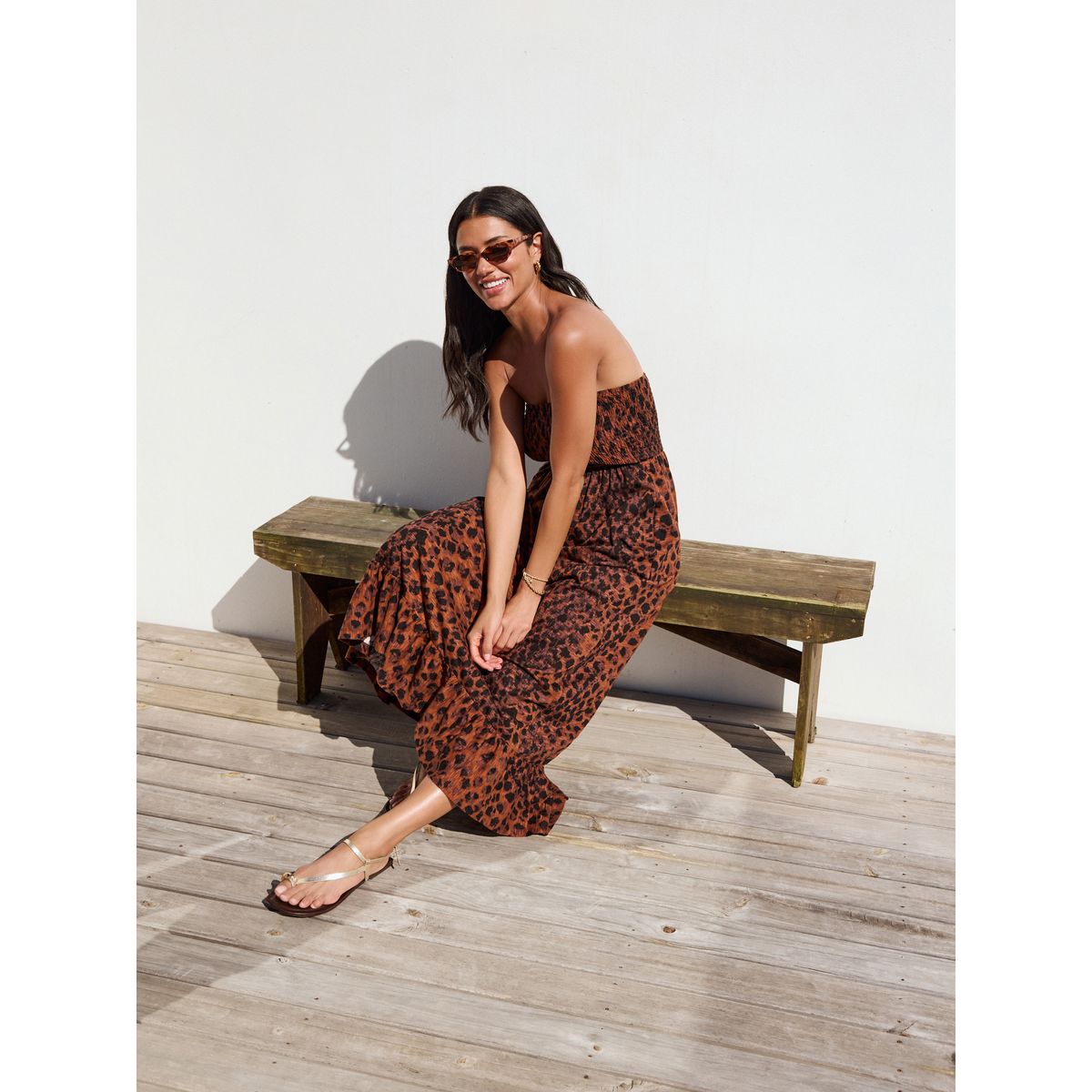 Robe bandeau mi-longue imprimée à volants marron animal, NEXT