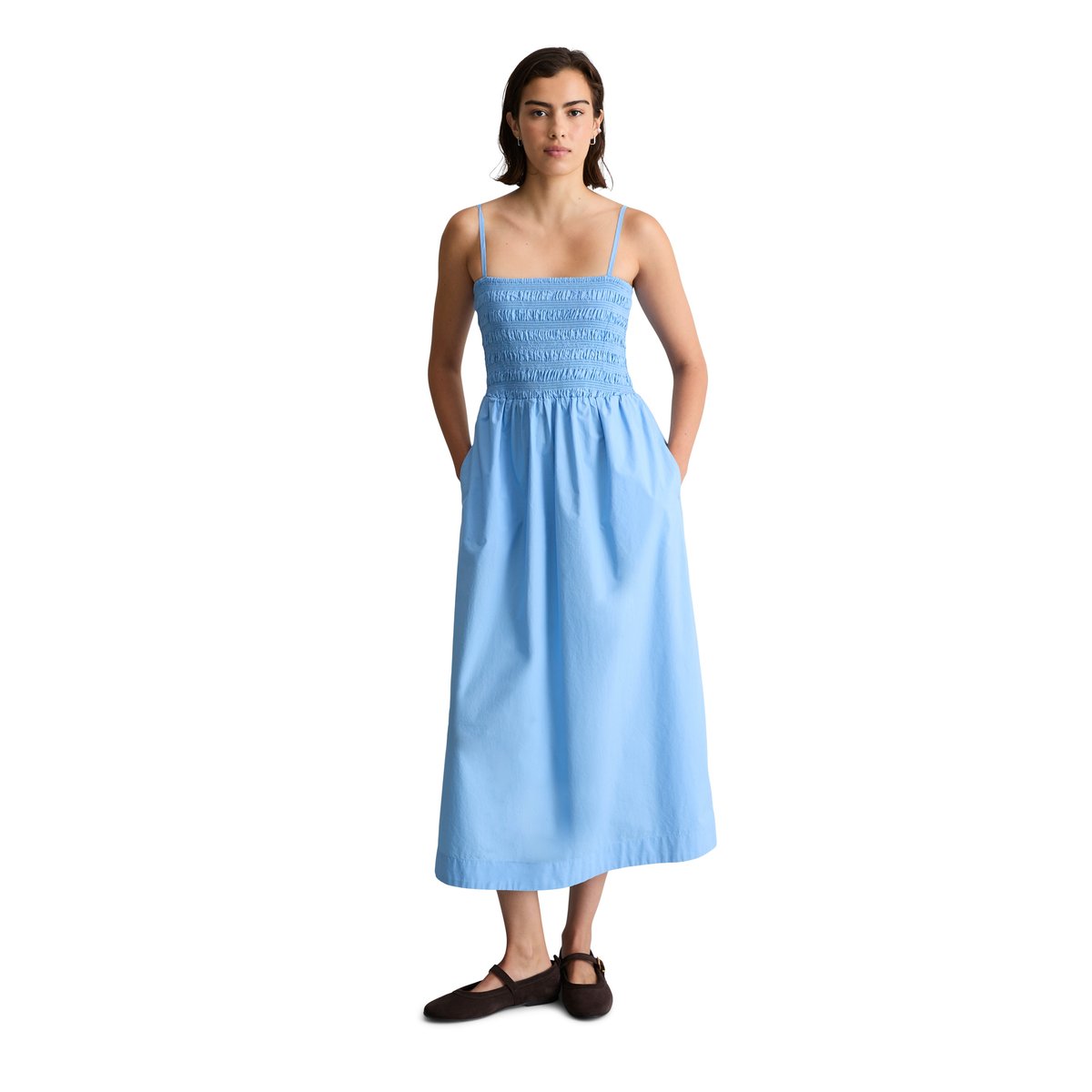 Robe d'été smockée en popeline Papertouch bleu moyen, MARC O’POLO DENIM