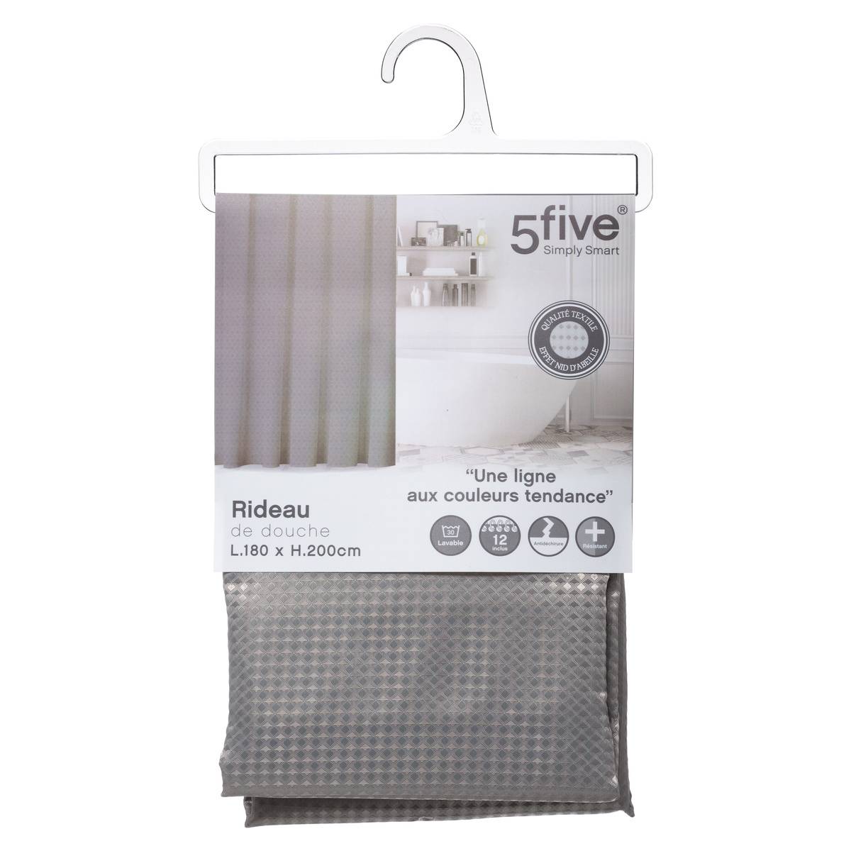 Rideau de douche imperméable MODERN COLOR gris, 5FIVE SIMPLY SMART