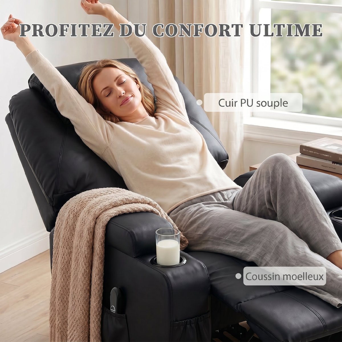 Fauteuil releveur électrique PU Noir noir, HOMCOM