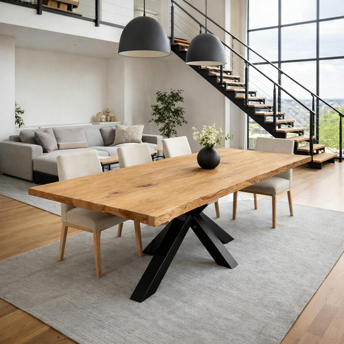 Table en chêne 240 cm, bords naturels pied central PALERME chêne huilé, PIER IMPORT