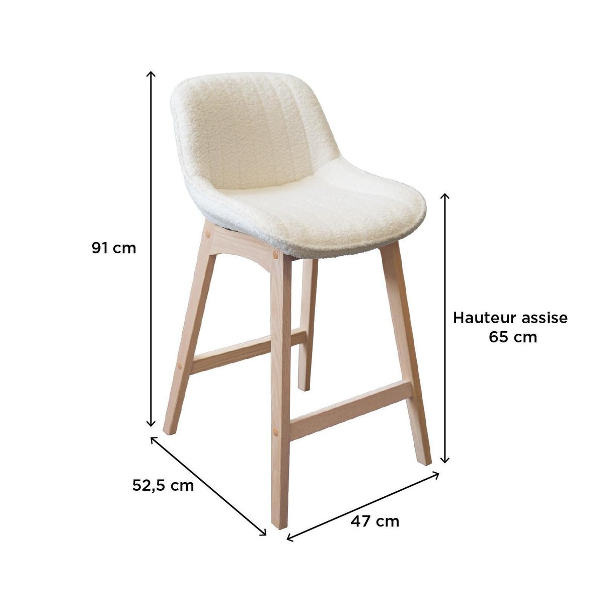 Lot de chaises d'îlot et bar en chêne et assise tissu bouclette 65cm MILK | Lot de 8 crème, MOB IN