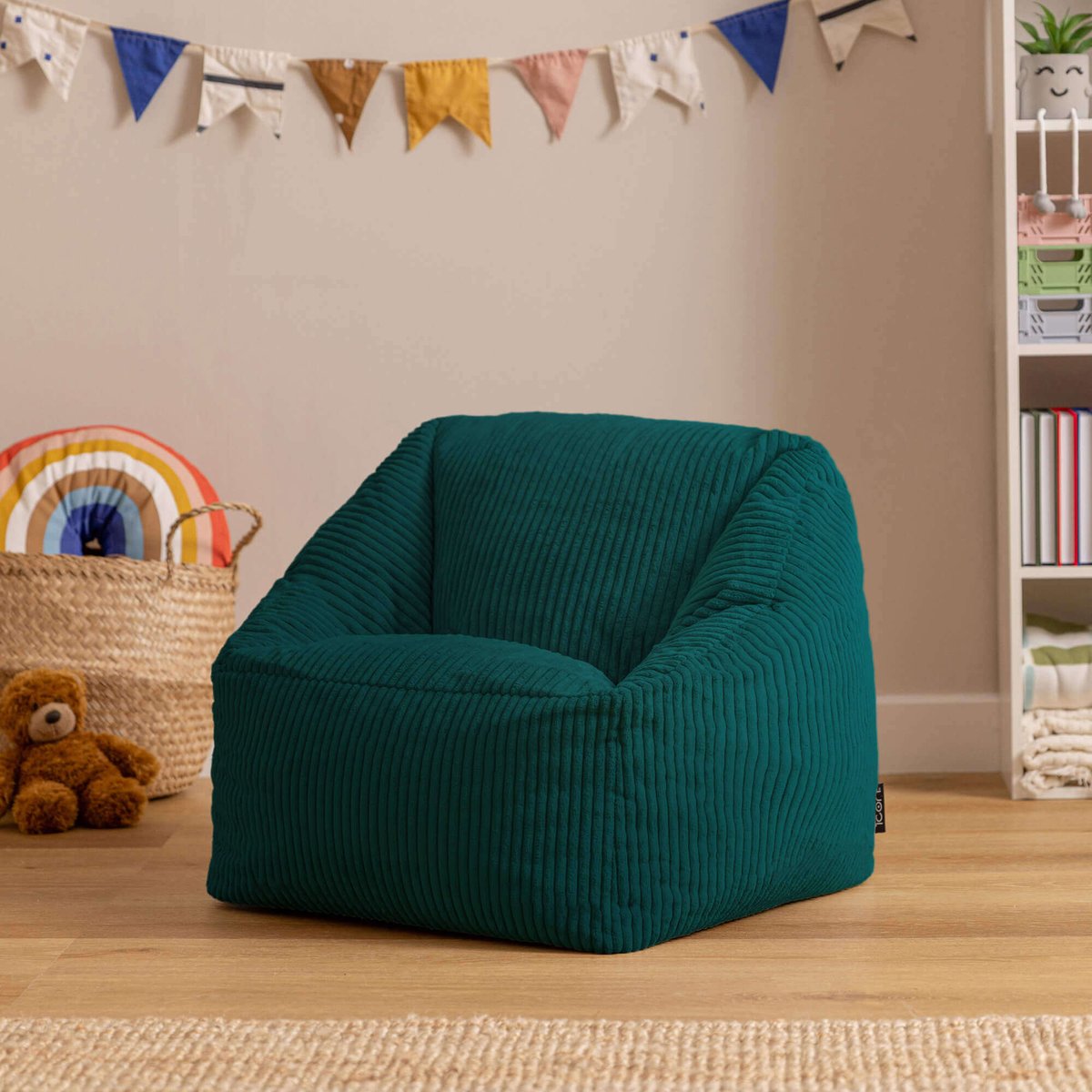 Pouf fauteuil enfant en velours côtelé Oeko-Tex® - NATALIA bleu canard, ICON