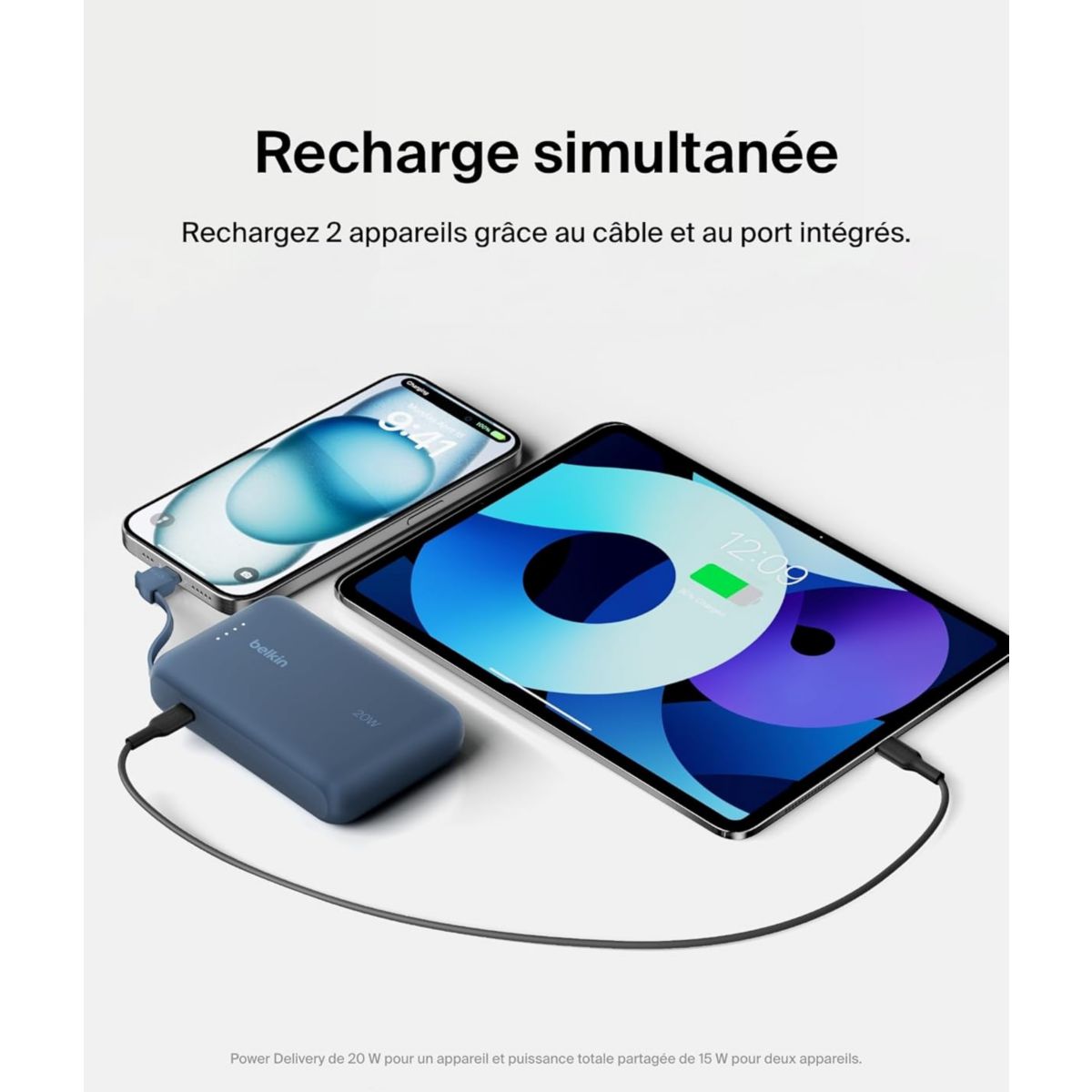 Batterie externe 10000 mAh avec cable USB-C intégre bleu couleur unique, BELKIN