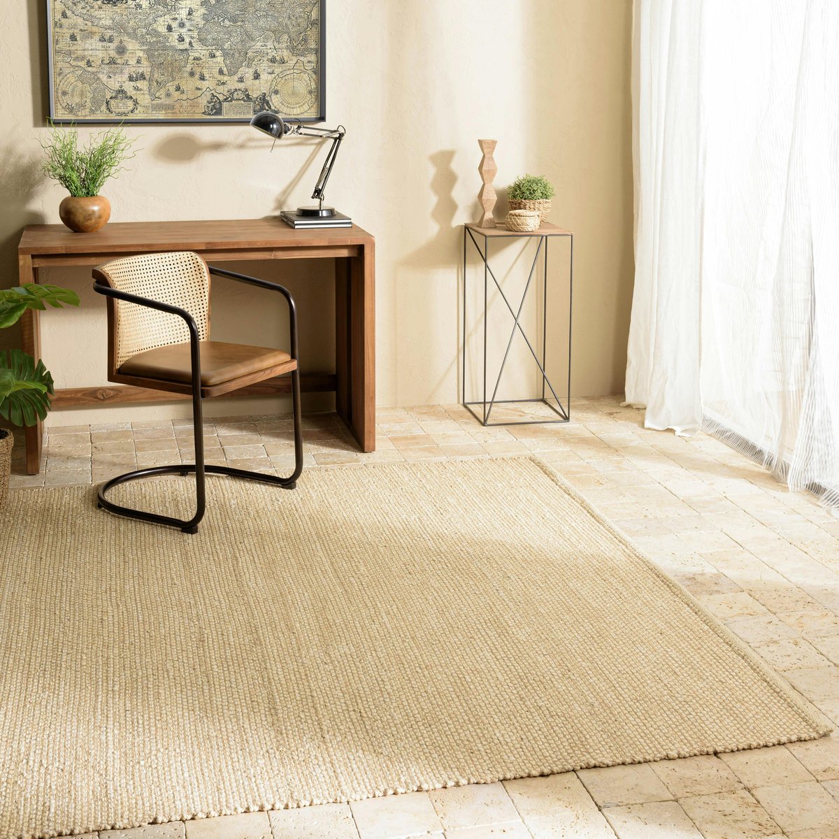 Tapis rectangulaire 160 x 230 cm jute et coton couleur sable ecru, PIER IMPORT