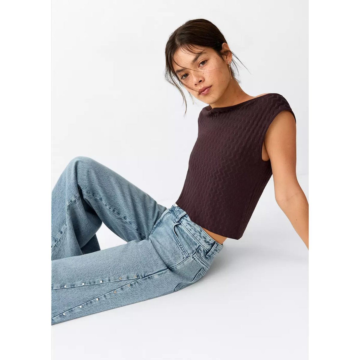 Jean wide leg coutures et clous bleu moyen, MANGO TEEN