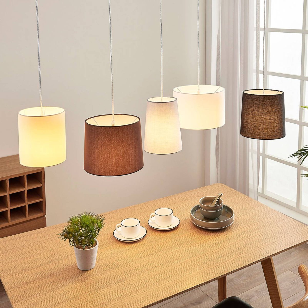 Suspension en textile jeunes, Hermina blanc, marron, gris, beige, noir, nickel satiné, LINDBY