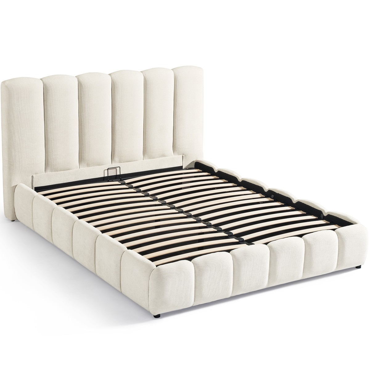Lit coffre adulte avec tête de lit capitonnée en tissu chenille - NILS beige, HOMIFAB