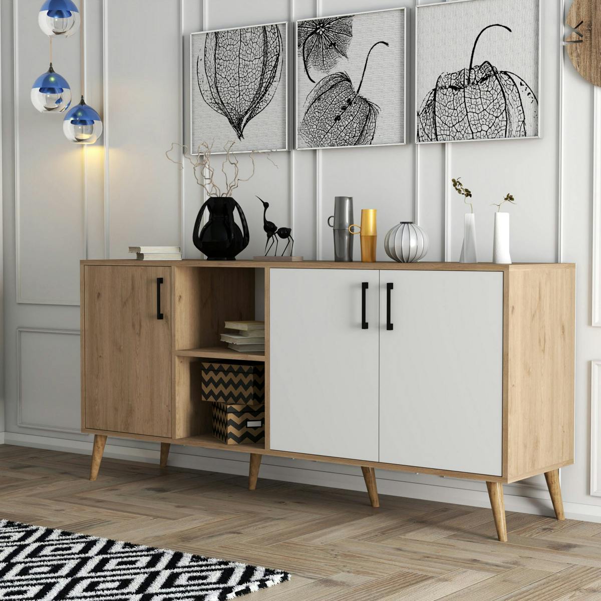 Buffet moderne effet bois et blanc, pieds obliques MARFA bois naturel, PIER IMPORT