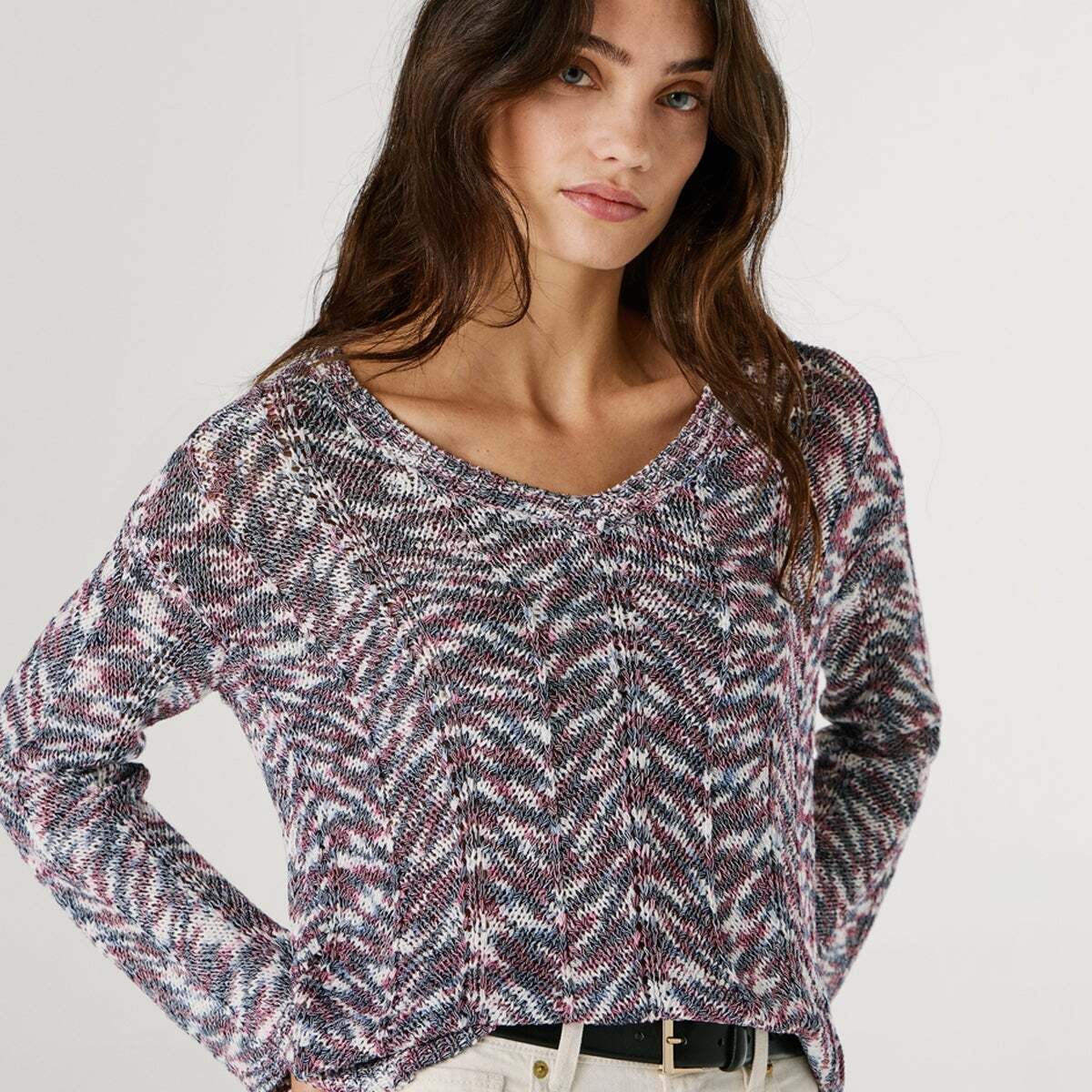 Pull Col V En Maille rose canneberge, PEPE JEANS