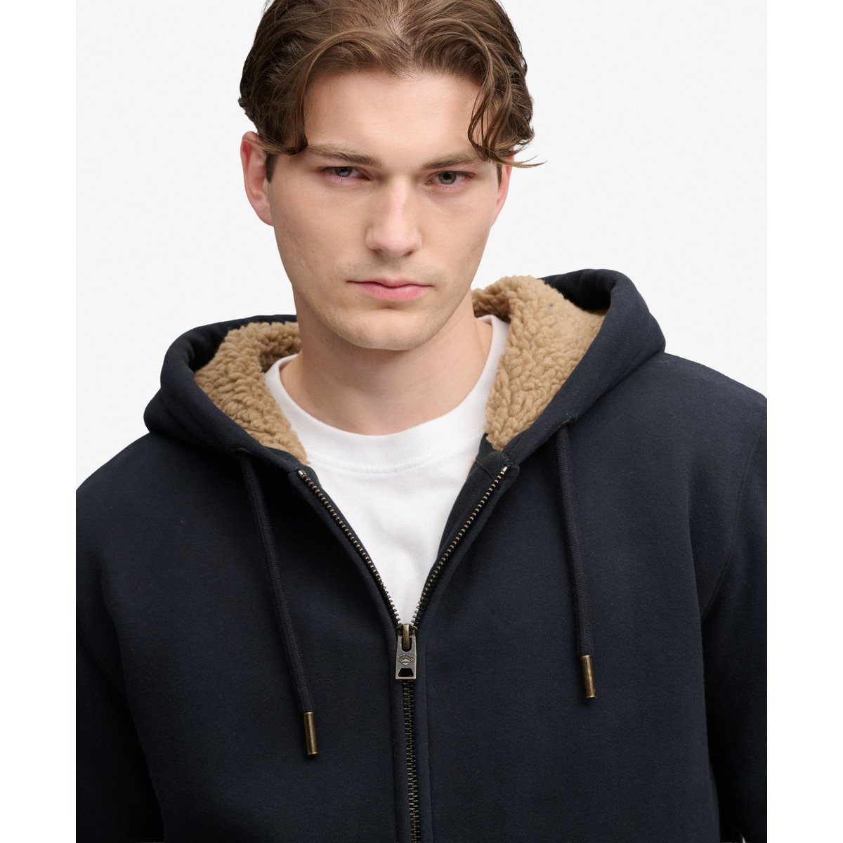 Sweat à capuche zippé doublé en Borg bleu marine éclipse, SUPERDRY