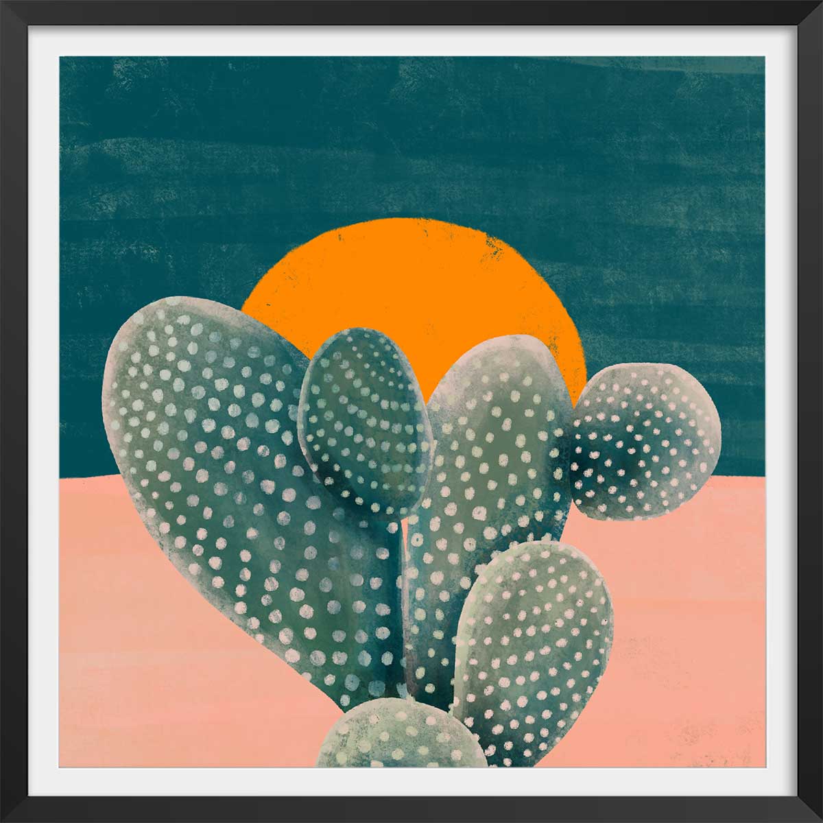 Affiche illustration cactus et soleil orange affiche + cadre en bois - noir, HEXOA