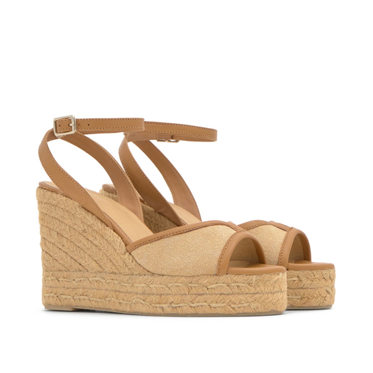 Sandales compensées en toile et cuir nappa à bride cheville BRIGITTE EXTRA PLATFORM sable, CASTANER