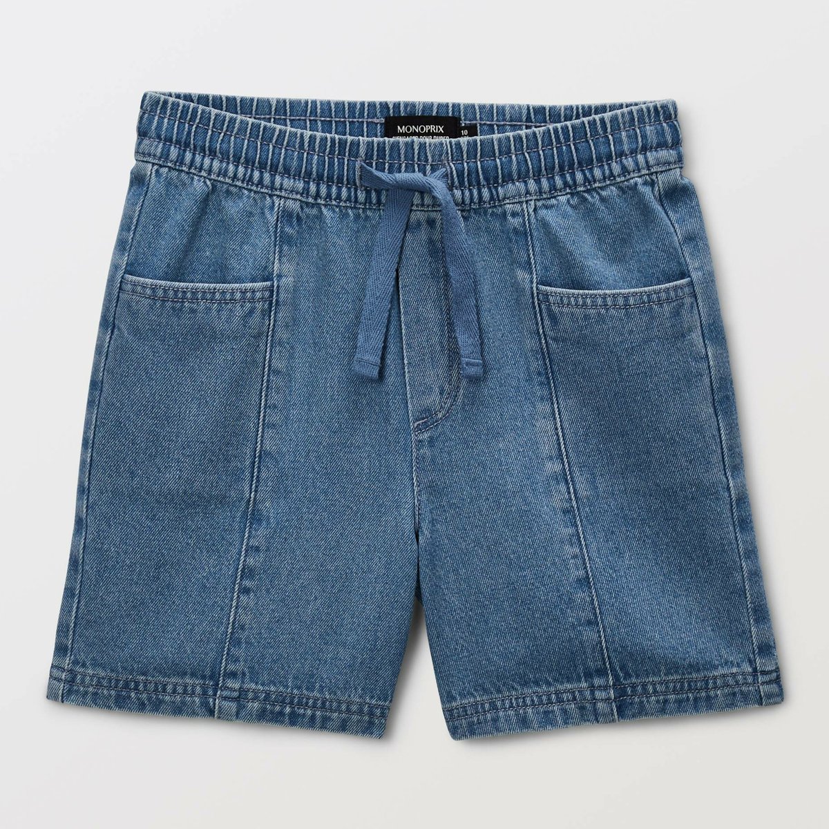 Short en jean taille élastiquée en coton bleach denim, MONOPRIX