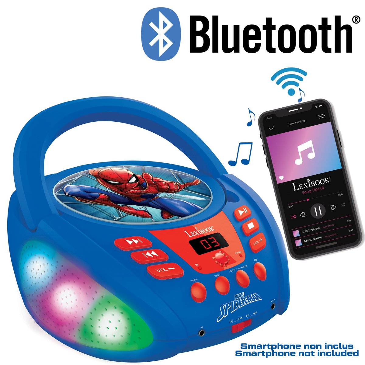 Lecteur CD Bluetooth Spider-Man bleu, LEXIBOOK