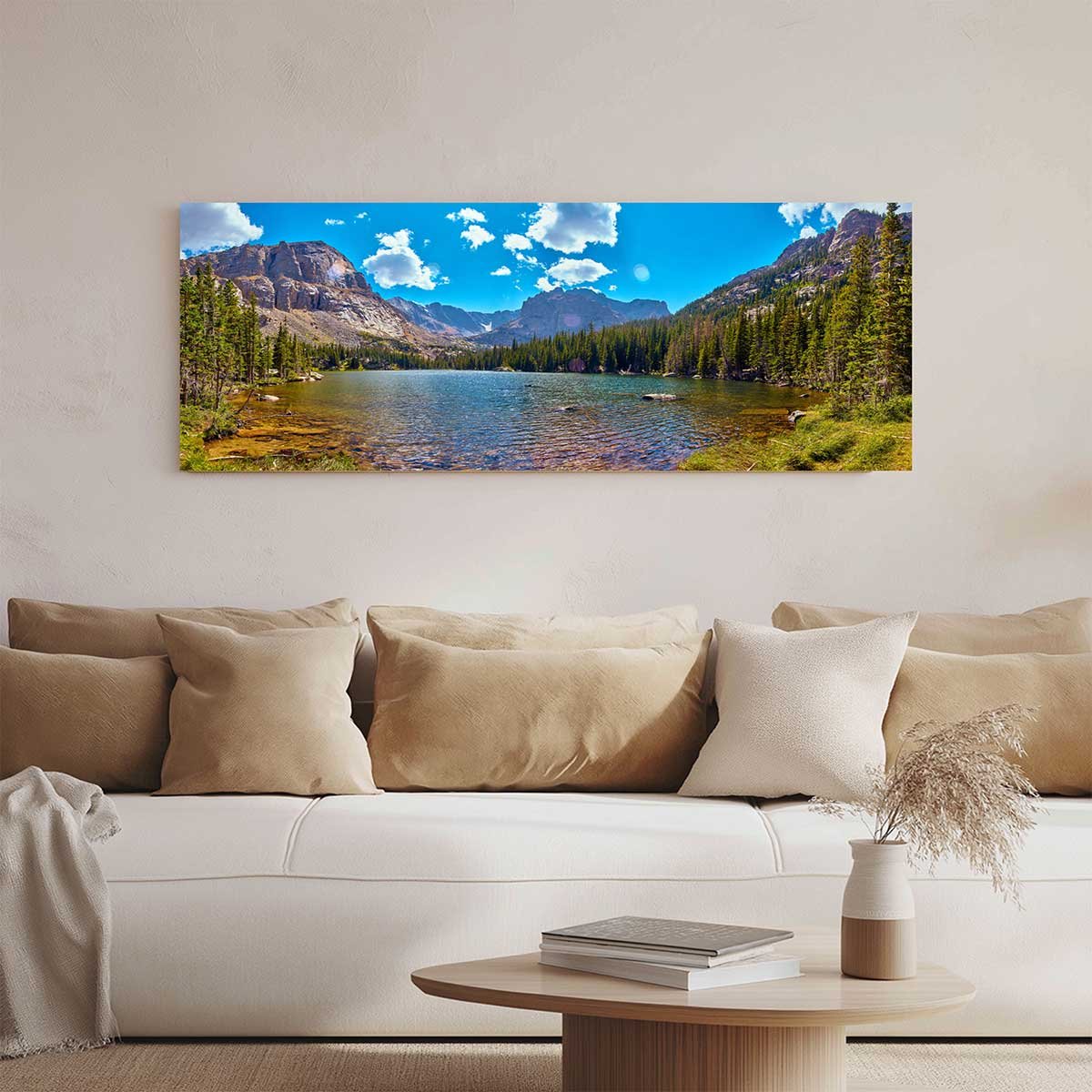 Tableau panoramique lac alpin et forêt sous ciel bleu toile imprimée, HEXOA
