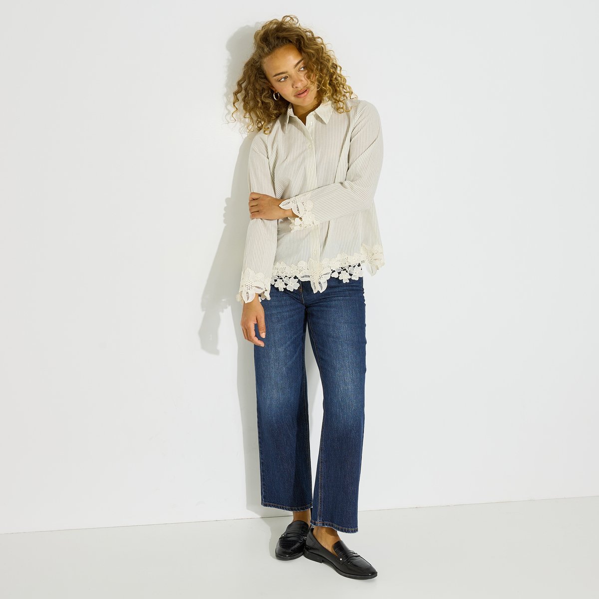 Chemise rayée avec dentelle blanc cassé ecru, GRAIN DE MALICE