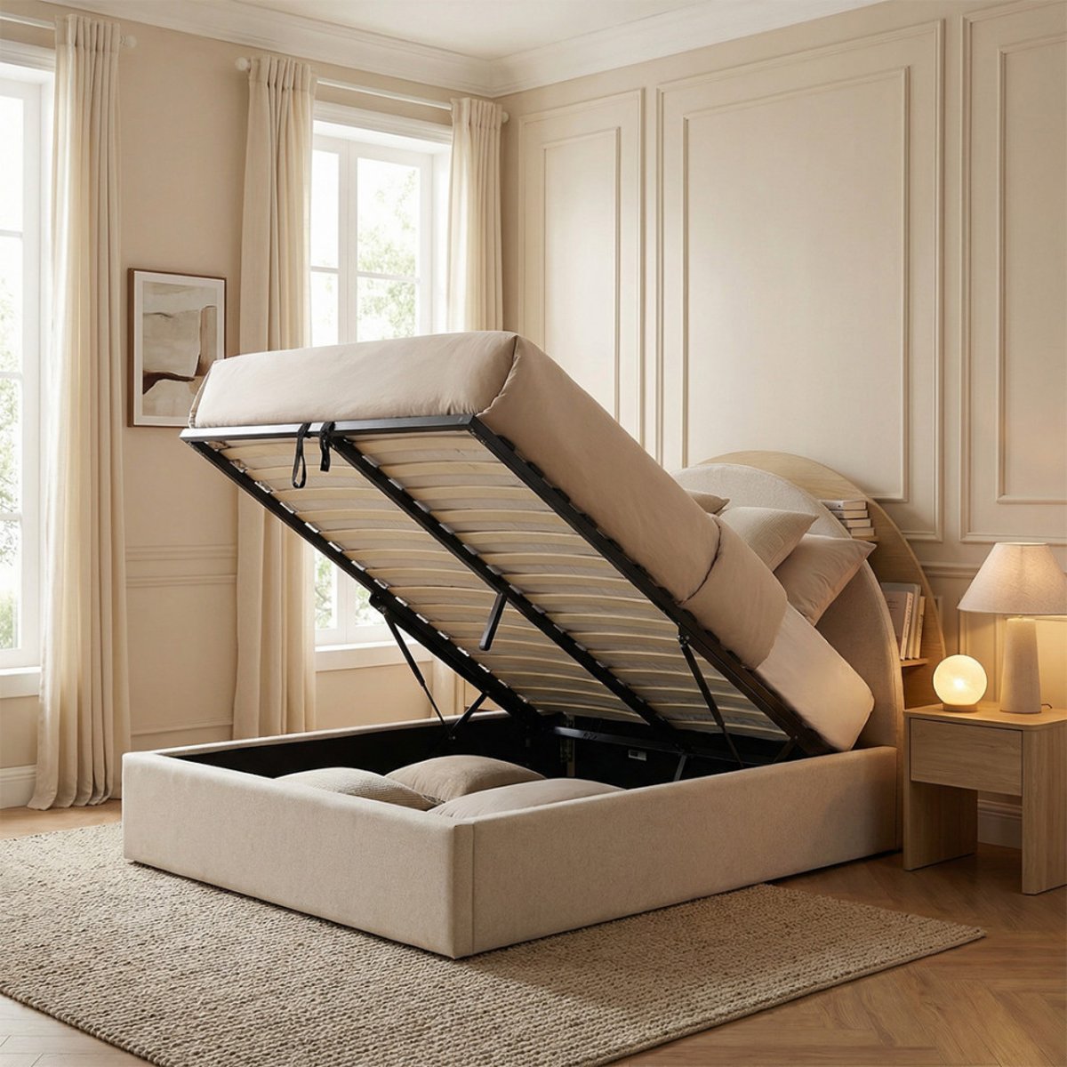 Lit coffre en tissu avec rangements intégrés 160x200cm- BRIE beige, DRAWER