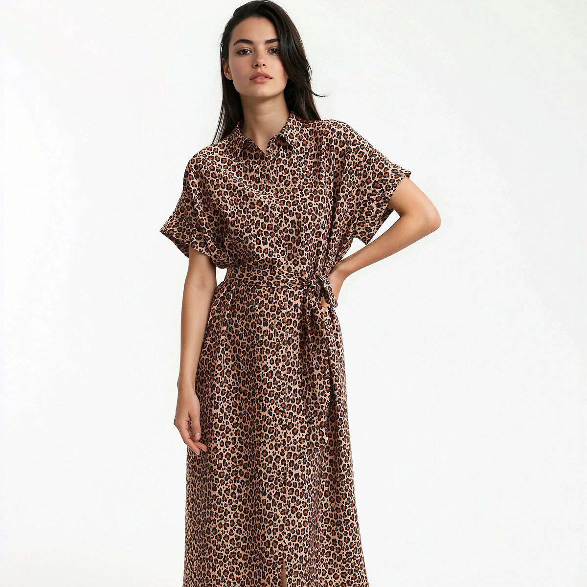 Robe évasée, imprimé animalier, longue, manches courtes imprimé léopard, LA REDOUTE COLLECTIONS
