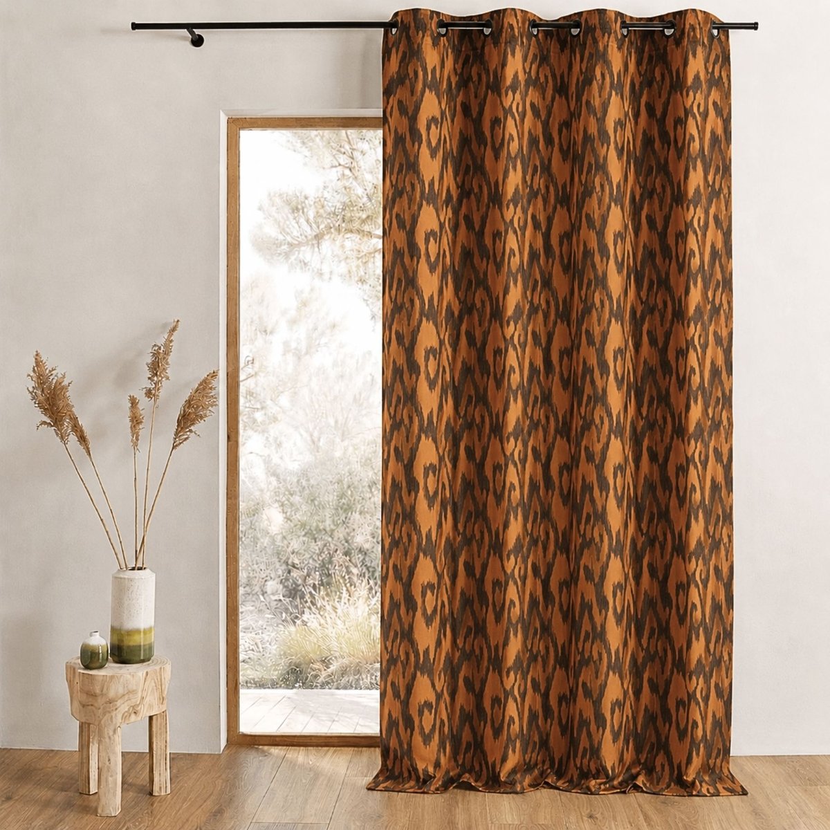 Rideau tamisant en jacquard motifs baroques jaune ocre, HOME MAISON