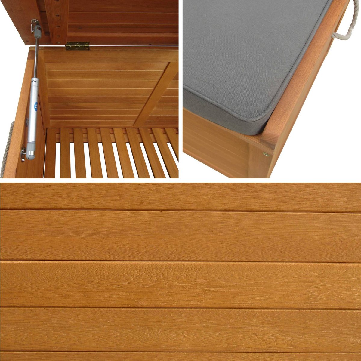 Coffre de jardin bois d'eucalyptus 200L avec vérins CAJA bois / gris, SWEEEK
