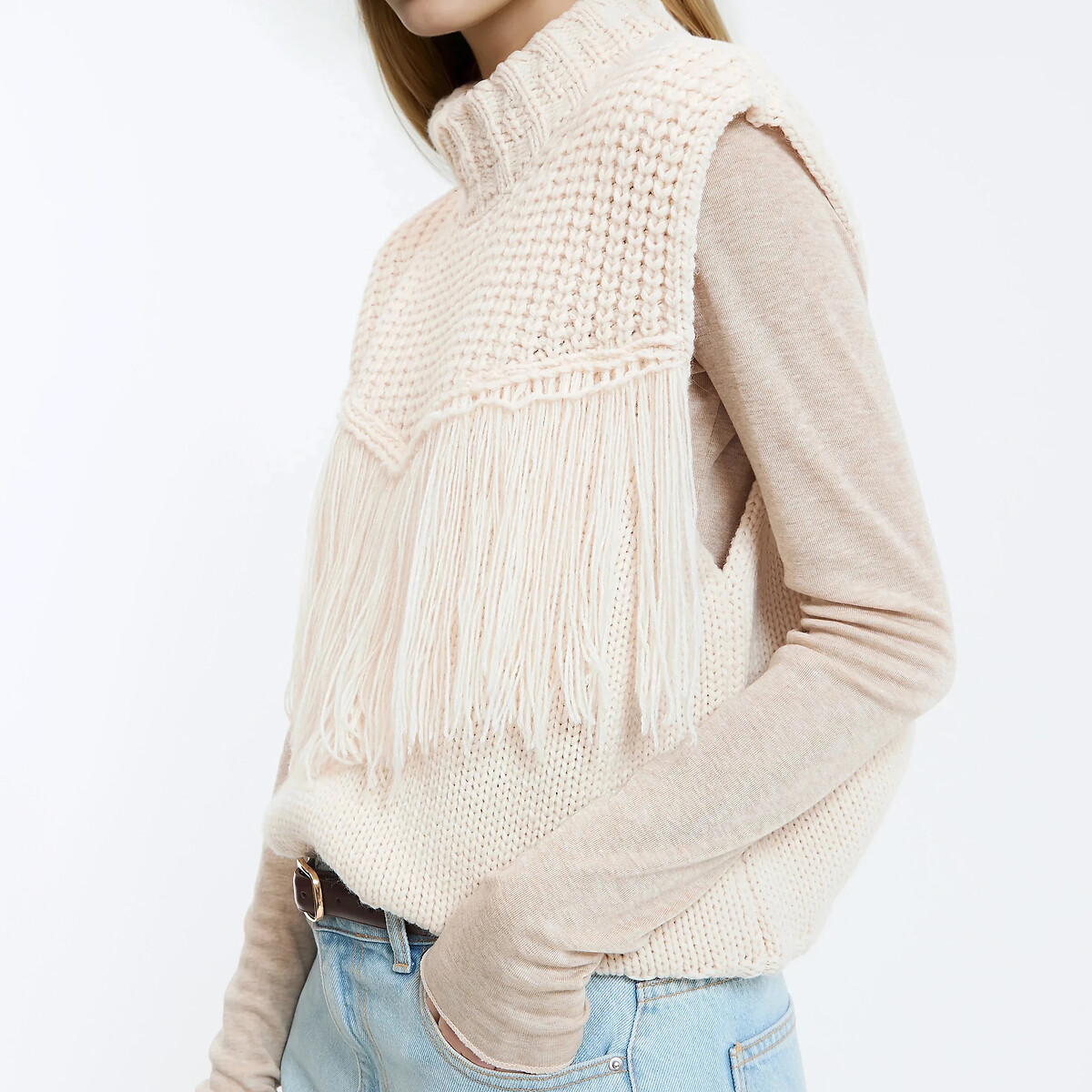 Sleeveless Fringed Jumper beige, LA REDOUTE COLLECTIONS