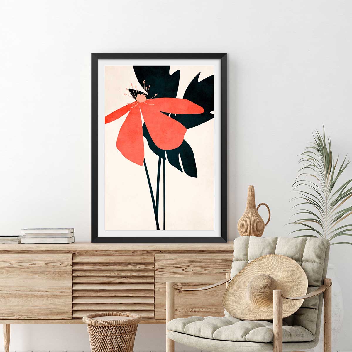 Affiche Coeur de fleurs affiche + cadre en bois - noir, HEXOA