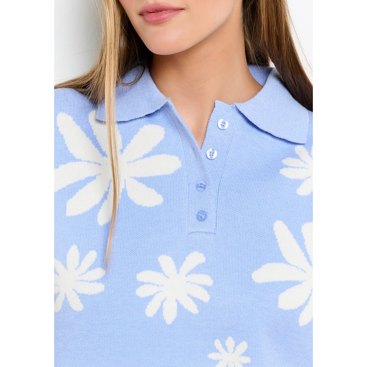 Pull polo jacquard fleuri bleu clair, LOLALIZA