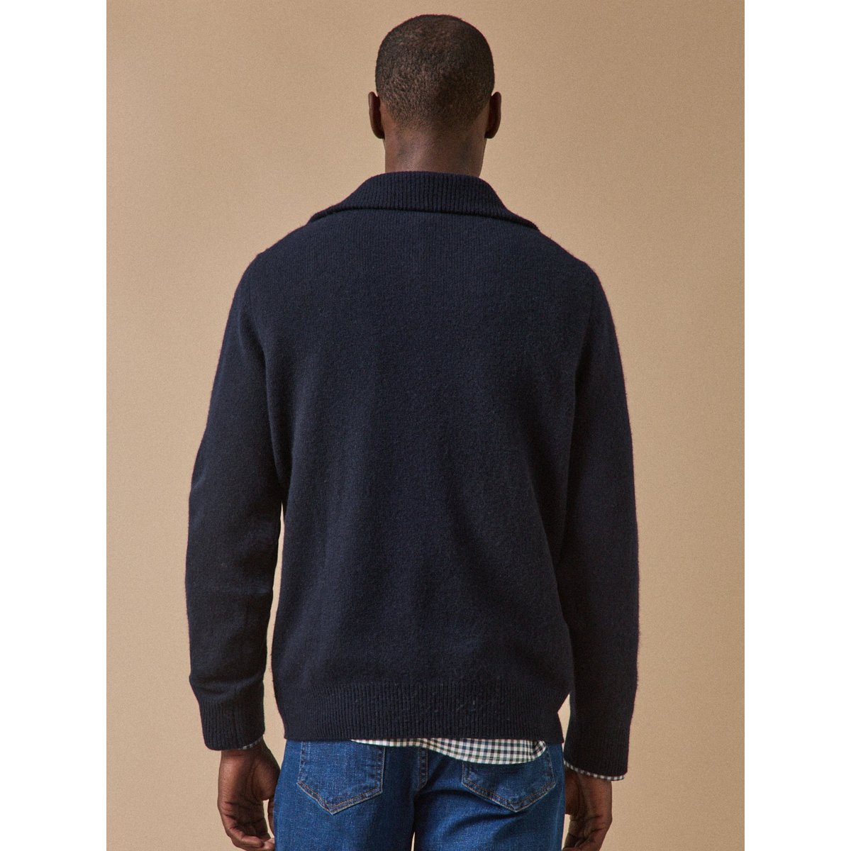Pull col camionneur zippé laine mérinos marine, CYRILLUS