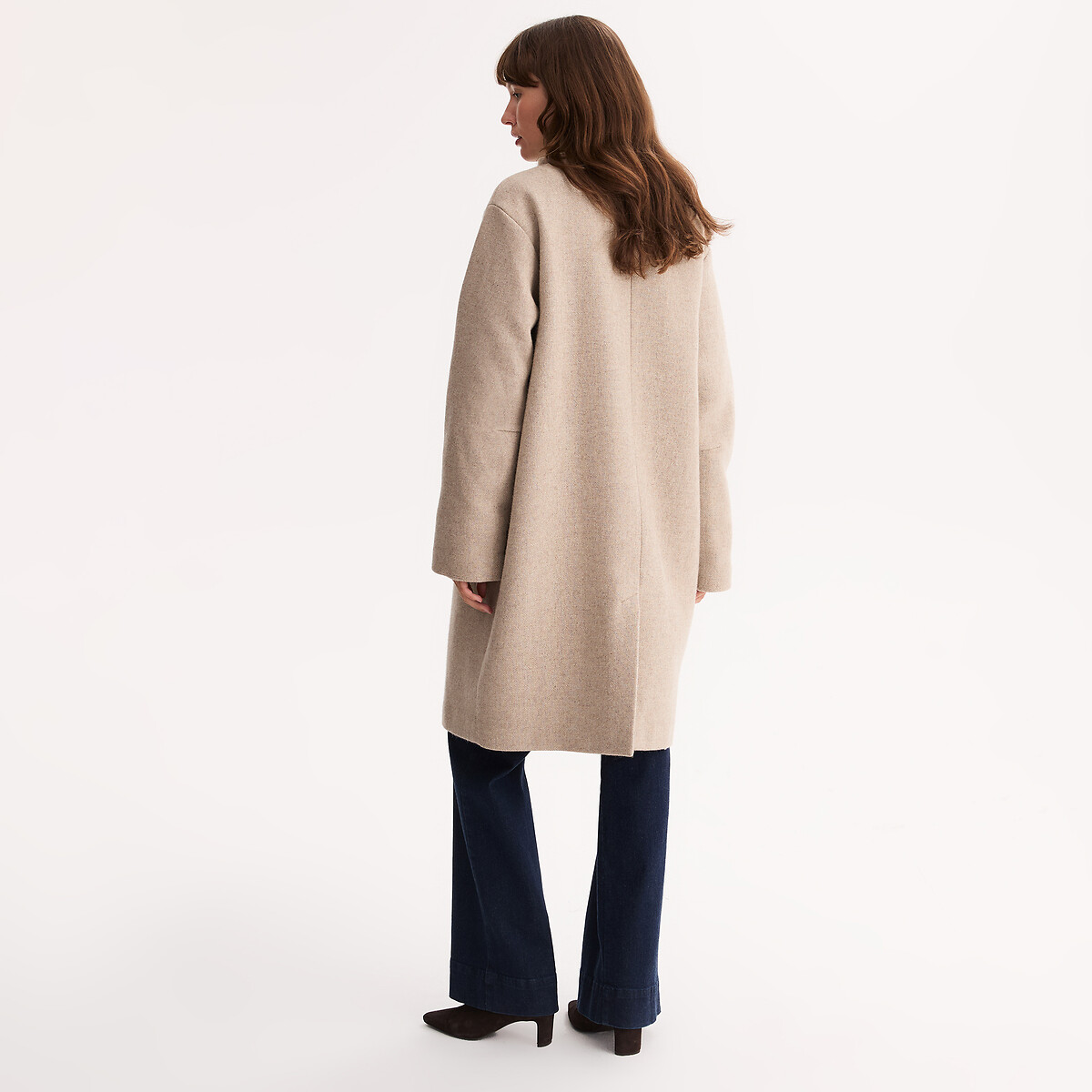 Manteau long, col montant, fermeture boutonnée beige chiné, ANNE WEYBURN