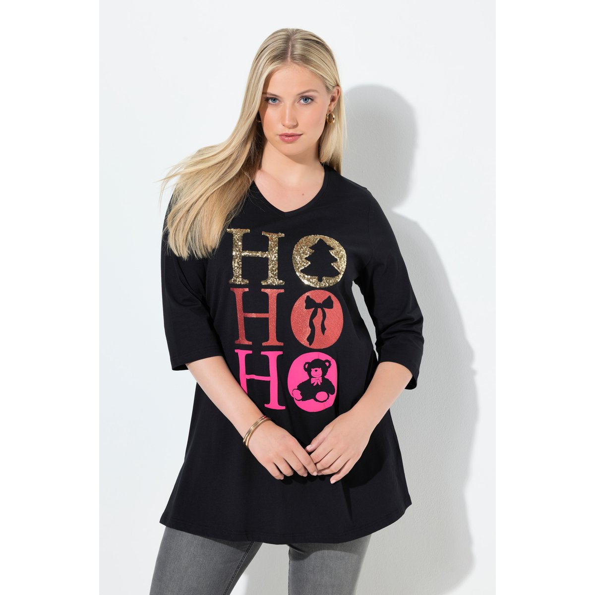 T-shirt Ho Ho Ho à col V et manches longues noir, ULLA POPKEN
