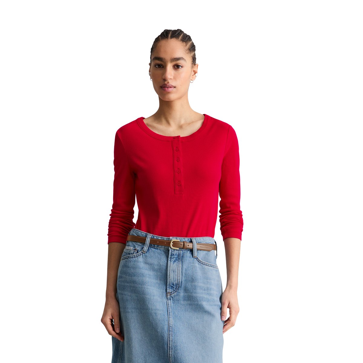 Serafino-Longsleeve regular en jersey côtelé doux rouge clair, MARC O’POLO DENIM
