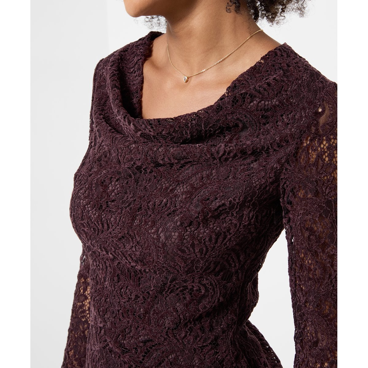 Blouse en Dentelle à Col Bénitier et Ourlet Asymétrique marron, JOE BROWNS