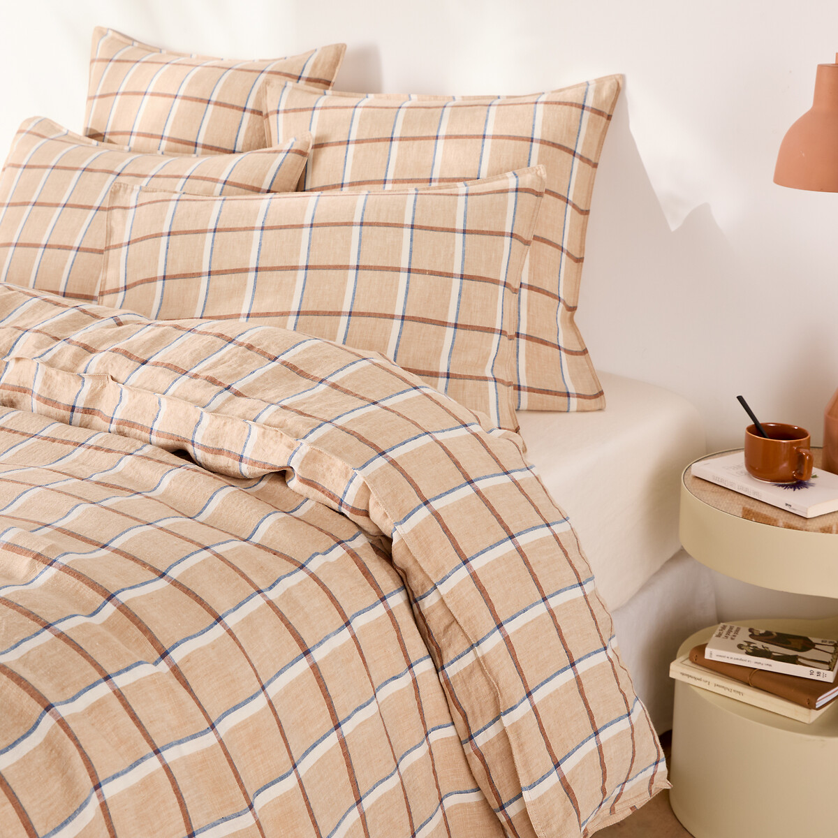 Funda de almohada en lino lavado, de cuadros, DANAHEL beige/caramelo, LA REDOUTE INTERIEURS