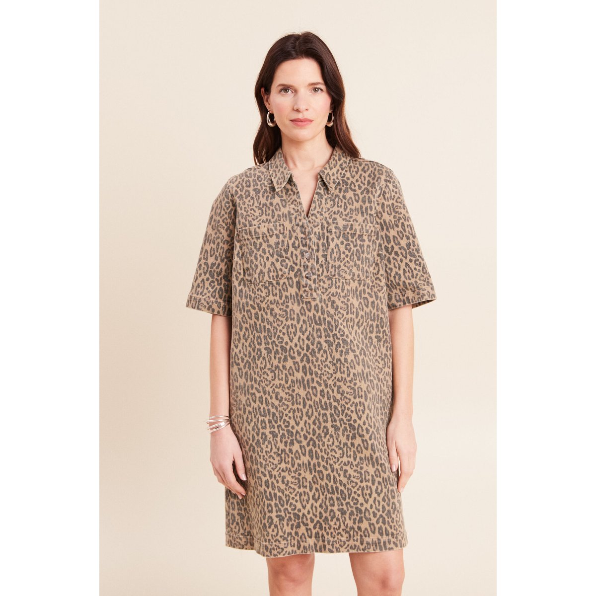 Robe courte droite imrpimée léopard marron, BREAL