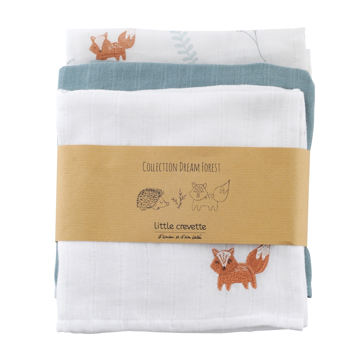 Lot de 3 langes coton bio DREAM FOREST multicolore, LITTLE CREVETTE