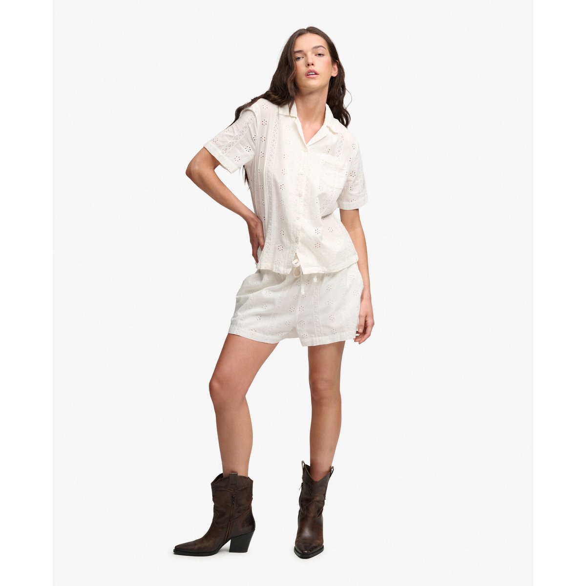 Chemise à manches courtes Heritage Broderie blanc cassé, SUPERDRY