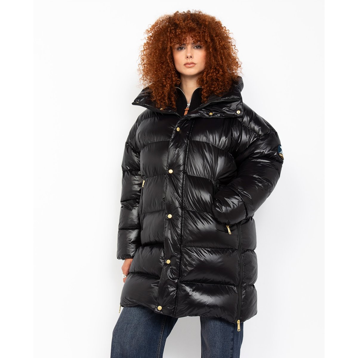 Doudoune longue oversize à capuche noir, SCHOTT