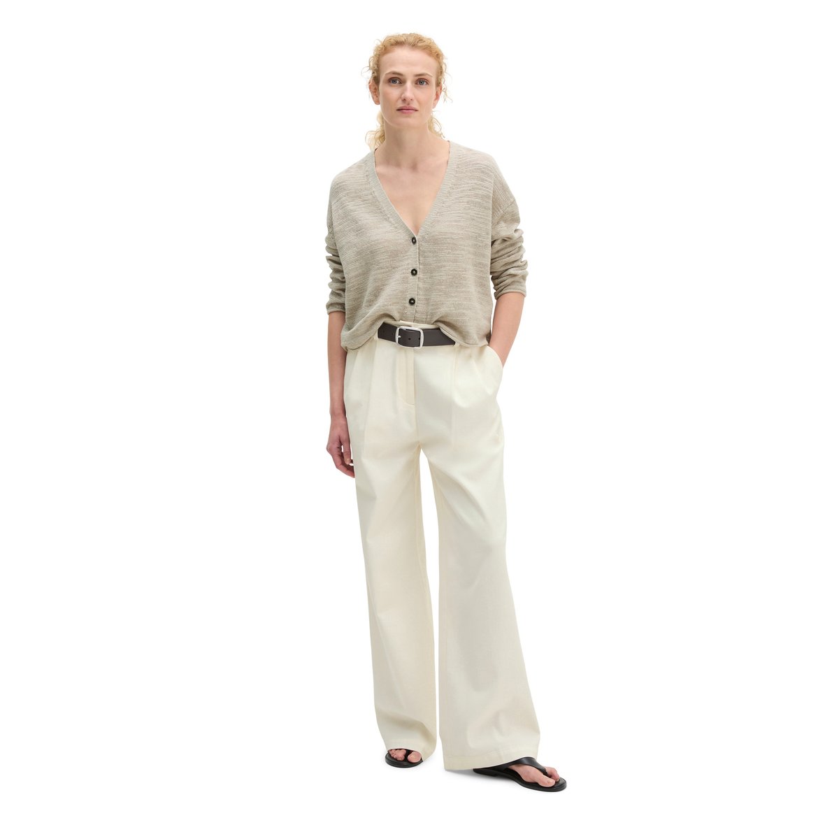 Slub-Cardigan loose en mélange de lin et de coton beige, MARC O'POLO