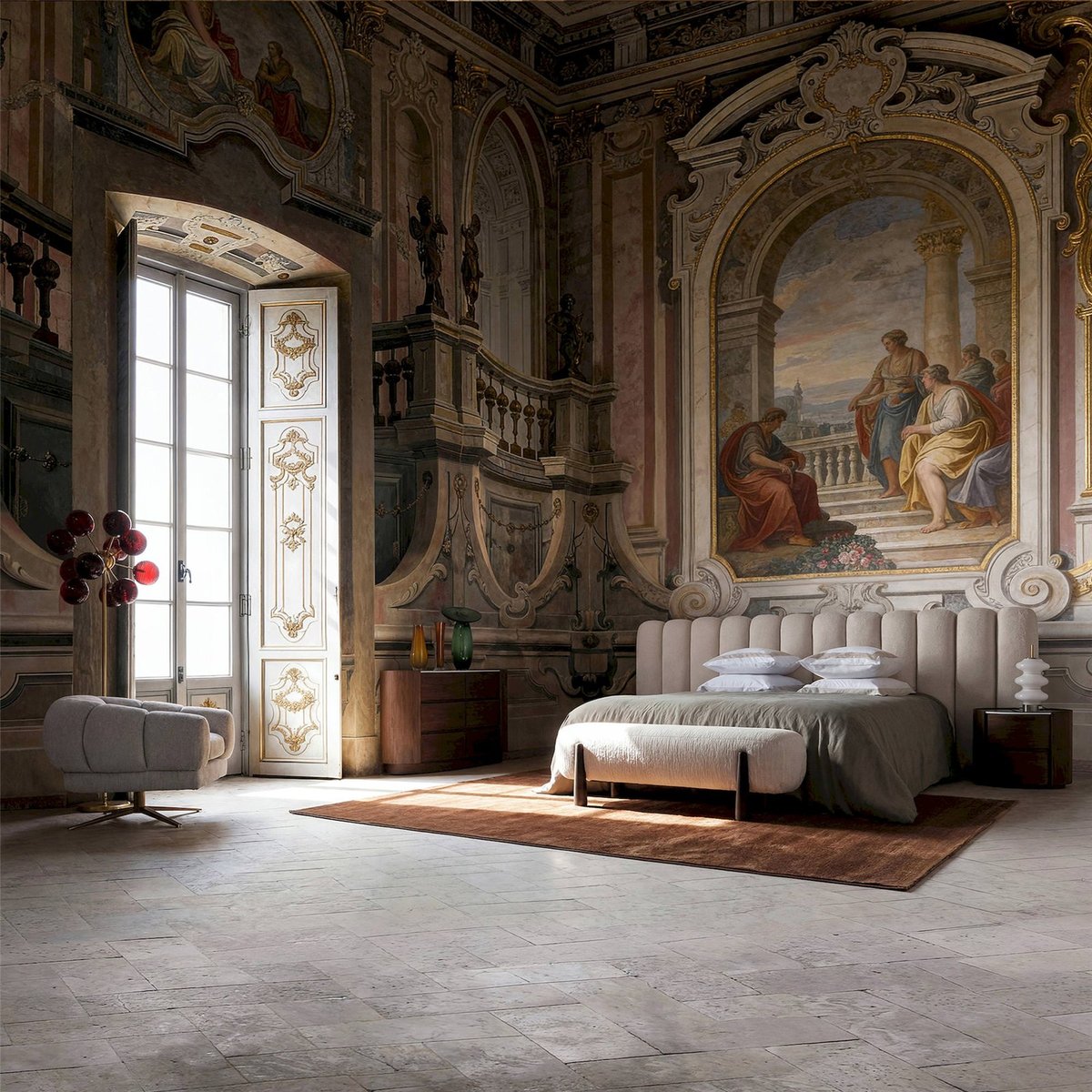 Repose-pieds contemporain en chenille blanc chenille et bois brun, RECOLLECTION