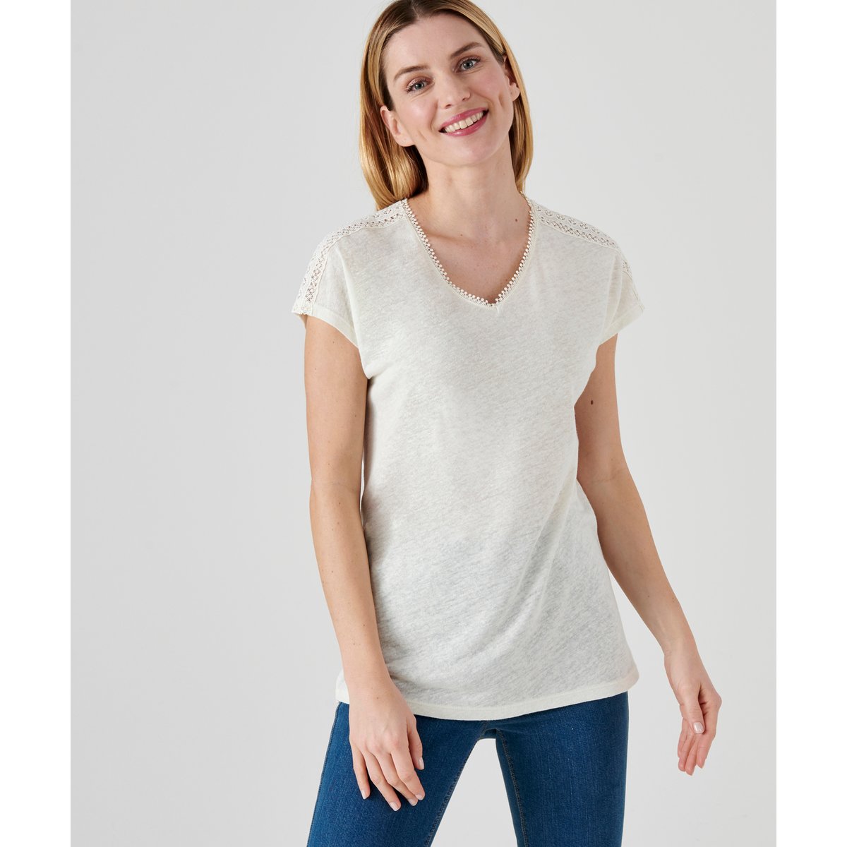 T-shirt mélange lin marron ecru, DAMART