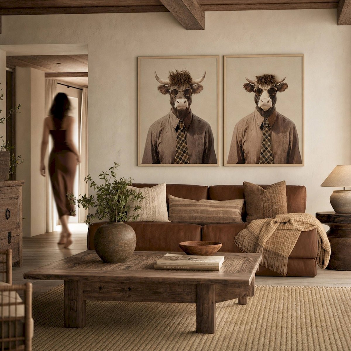 Tableau vache en toile, Lot de 2 marron et beige, RECOLLECTION
